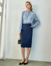 Light Blue Pleated Mock-Neck Blouse
