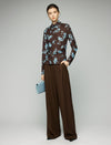 Floral Print Rhinestone Ruched Turtleneck Long Sleeve Top