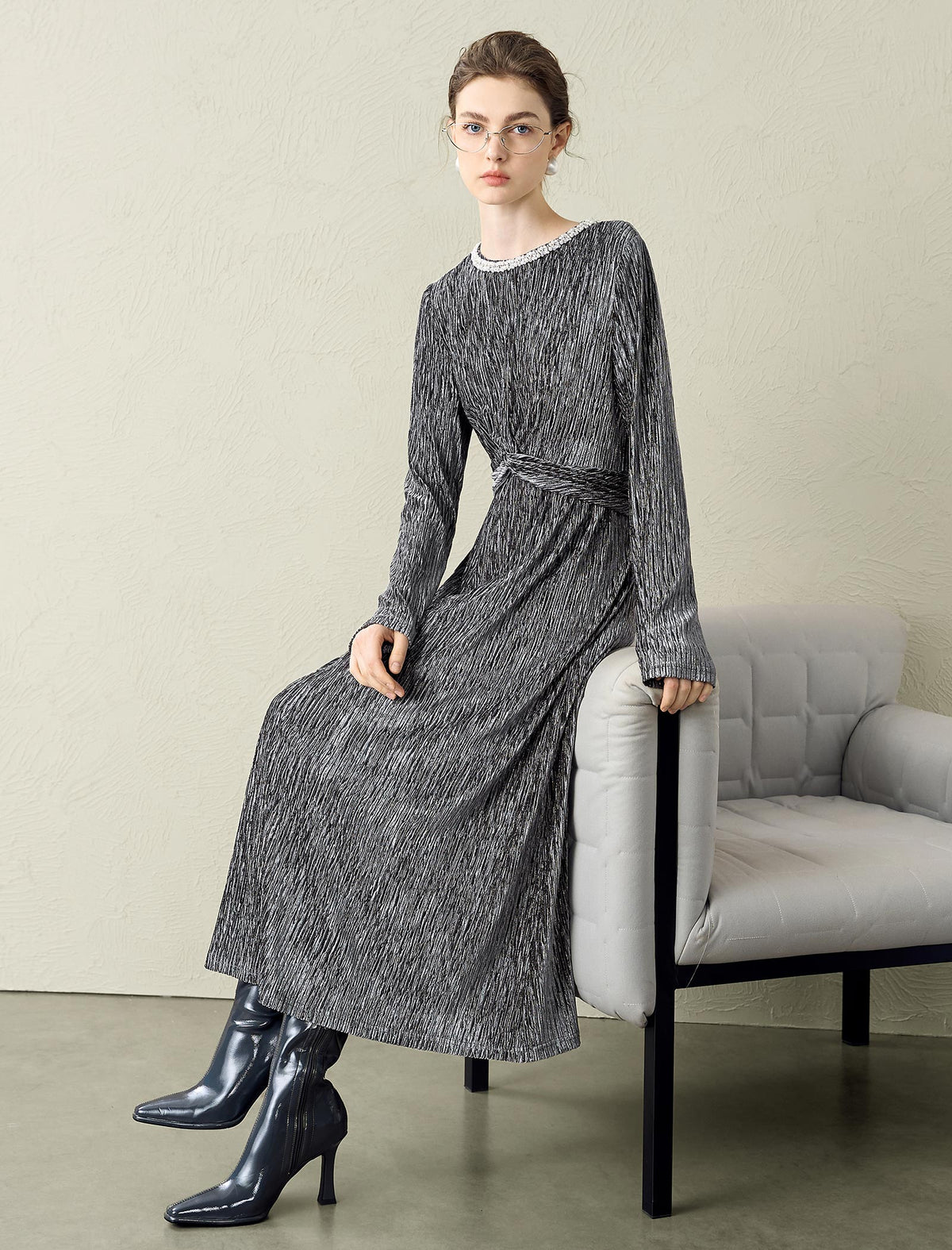 Velvet Waist-Defining Long-Sleeve Dress