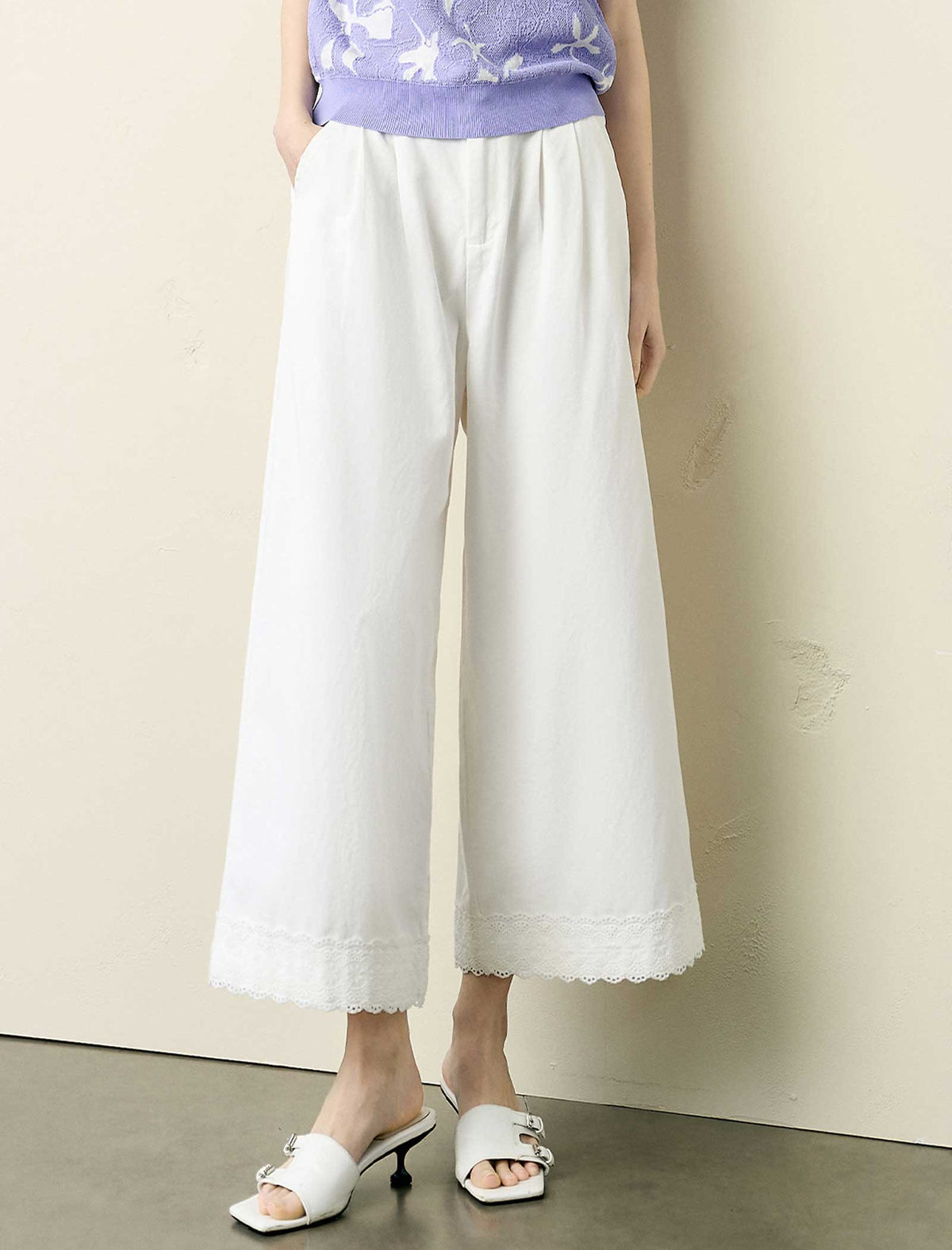 Lace Trim High Waist Cropped Wide Leg Pants