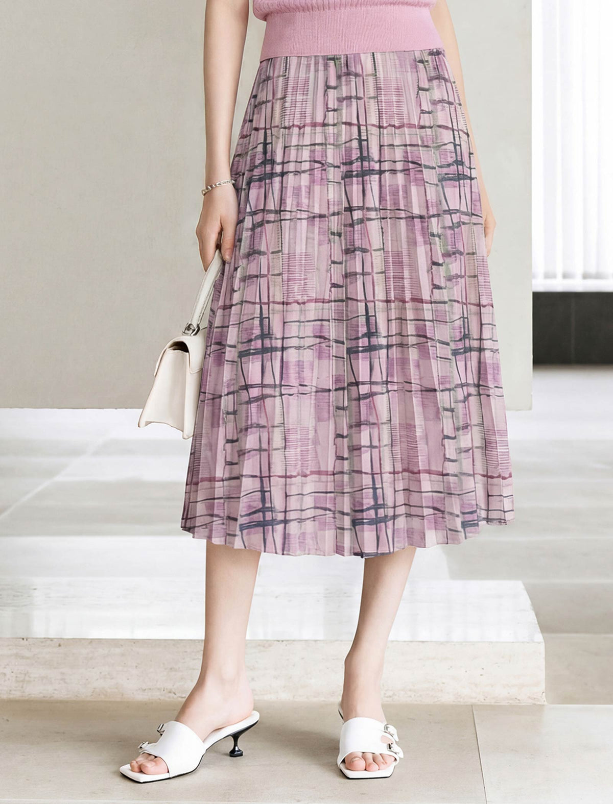 Purple Abstract Plaid Pleated Midi Skirt