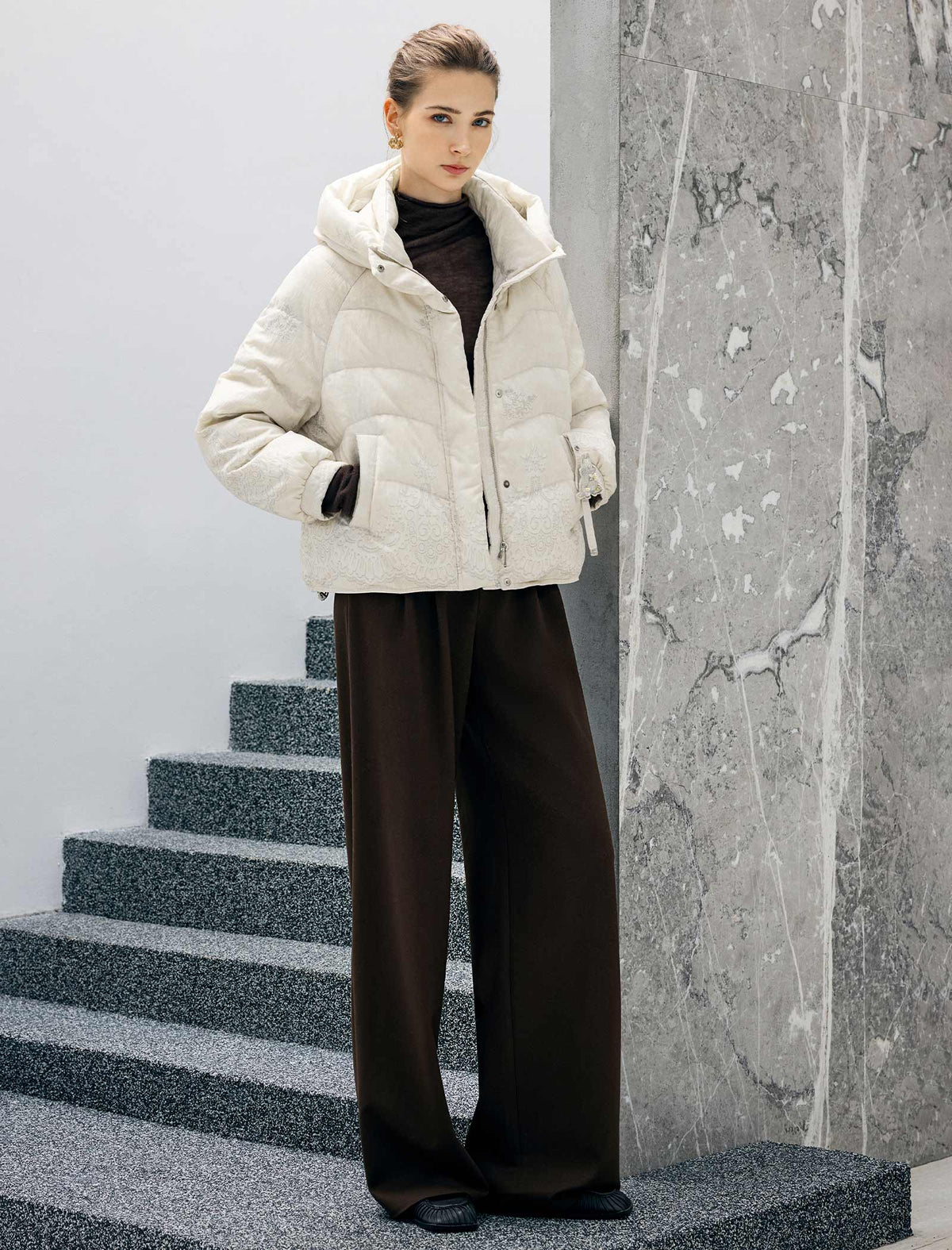 Floral Pattern Hooded Zip-Front Cropped Puffer Jacket