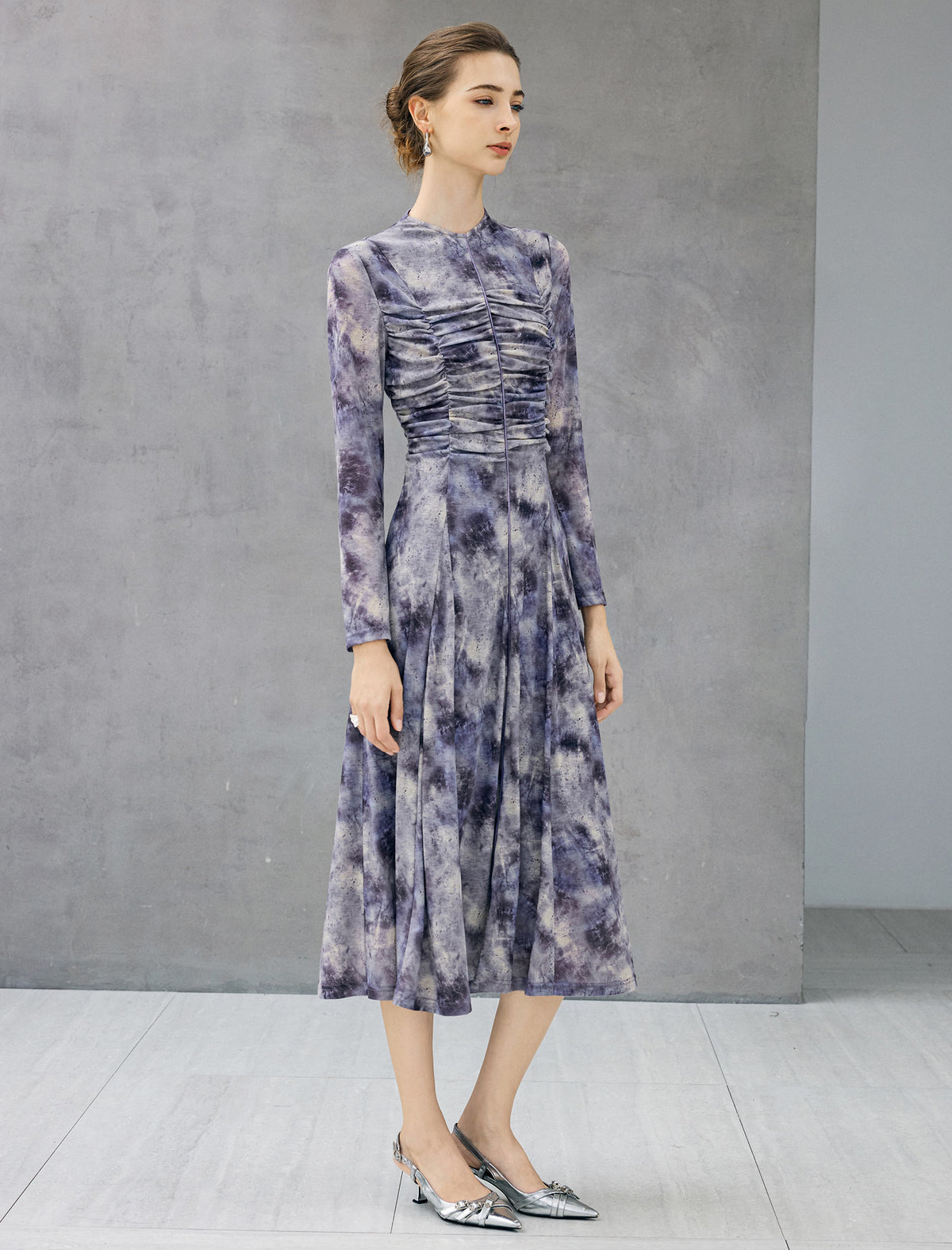 Watercolor Print Long Sleeve Fitted Dress