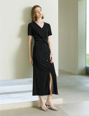 Shiny Black V-Neck Twist Detail Midi Dress