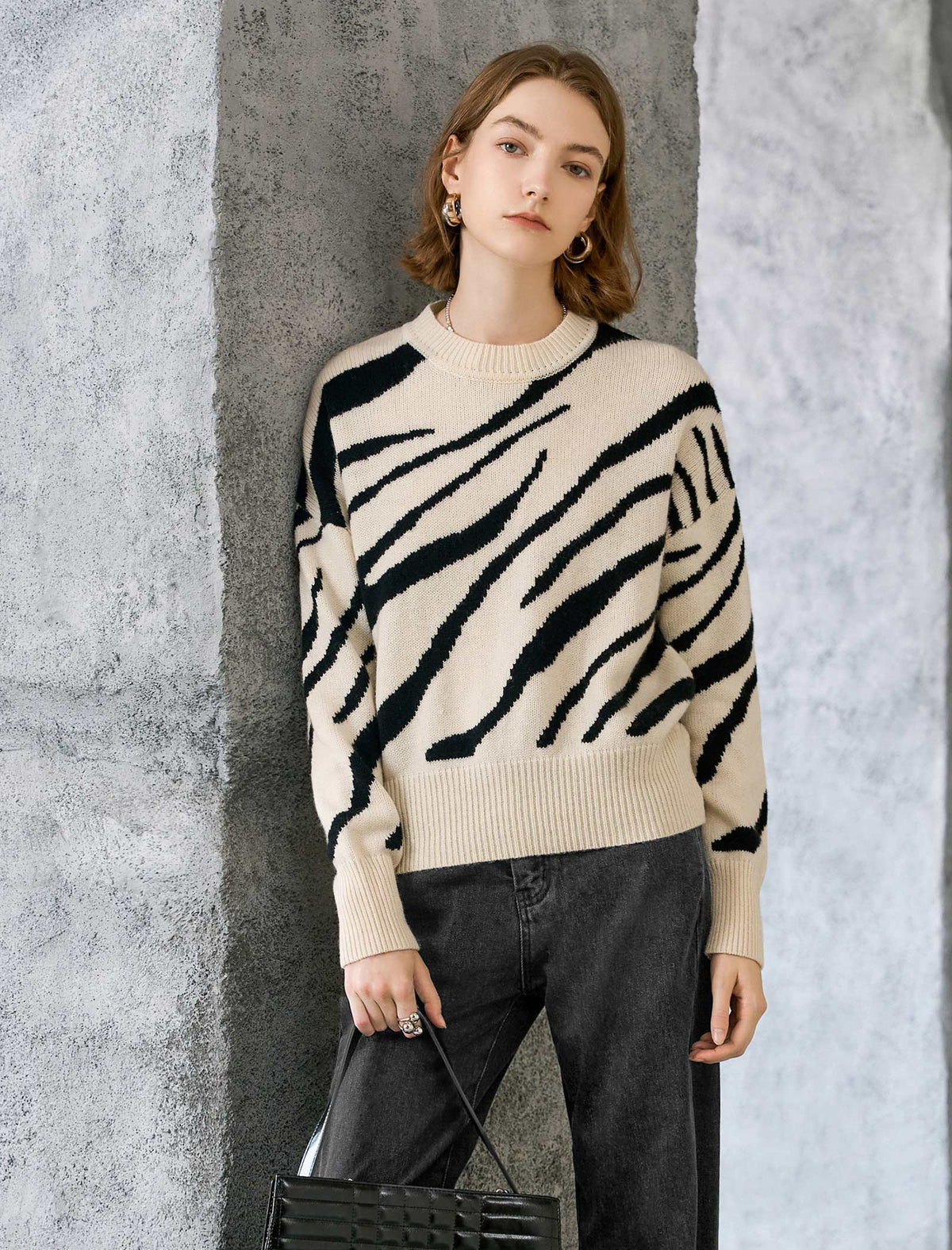 Zebra Jacquard Crewneck Drop-Shoulder Relaxed Sweater
