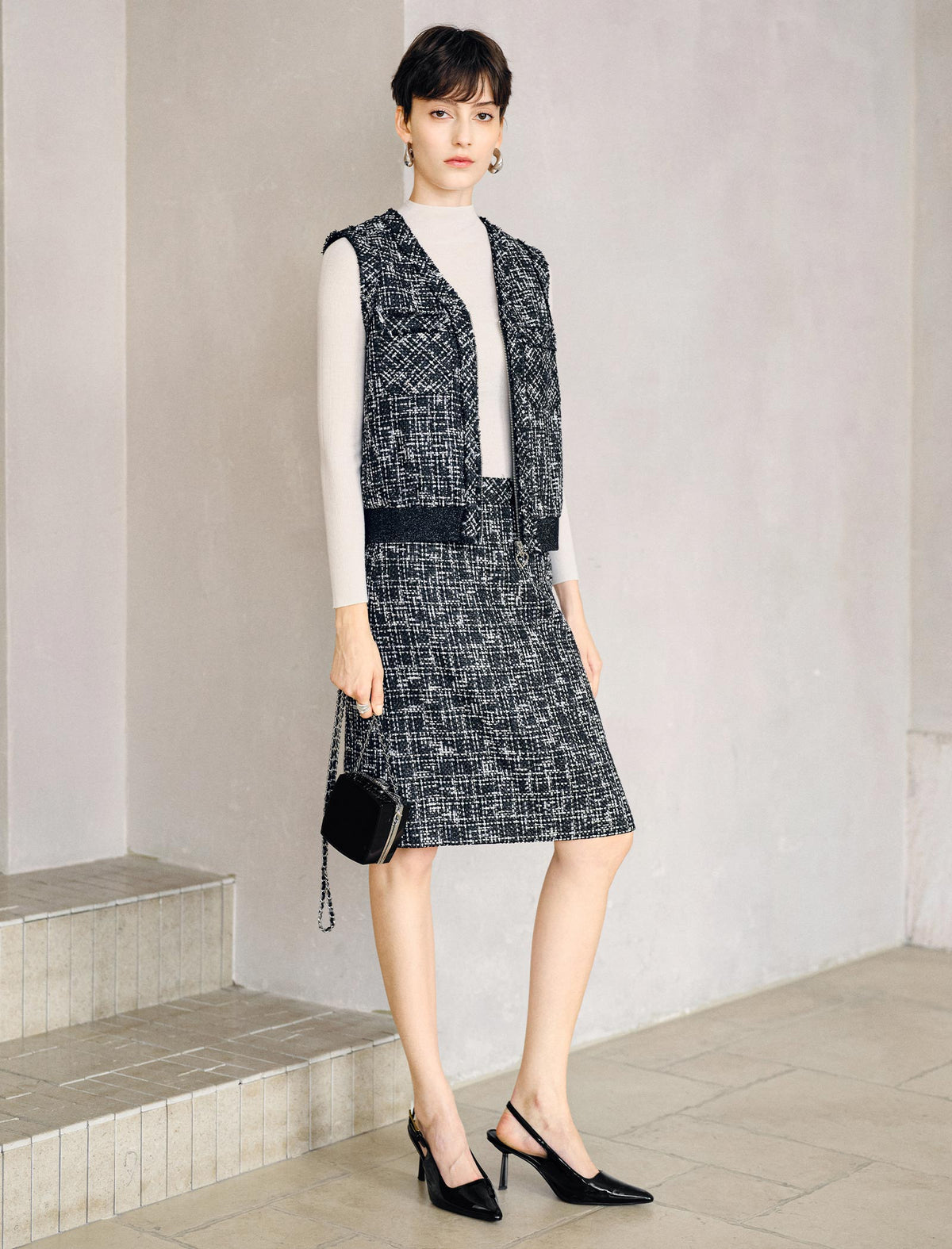 Sparkle Tweed Wool Blend Straight H-Line Skirt