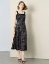 Black Gold Floral Sequin Lace Wide Strap Midi Slip Dress