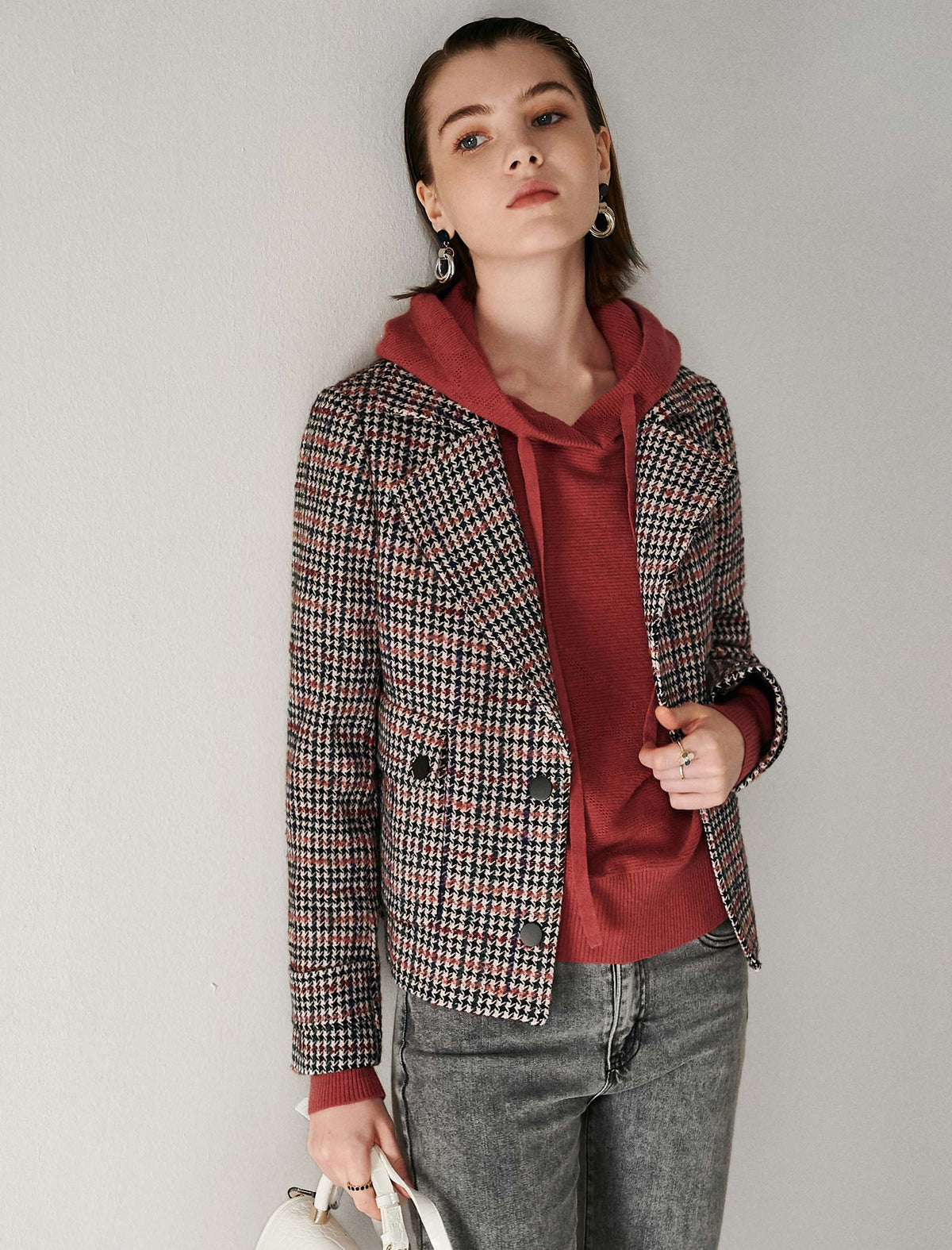 Plaid Button-Front Pocket Cropped Jacket