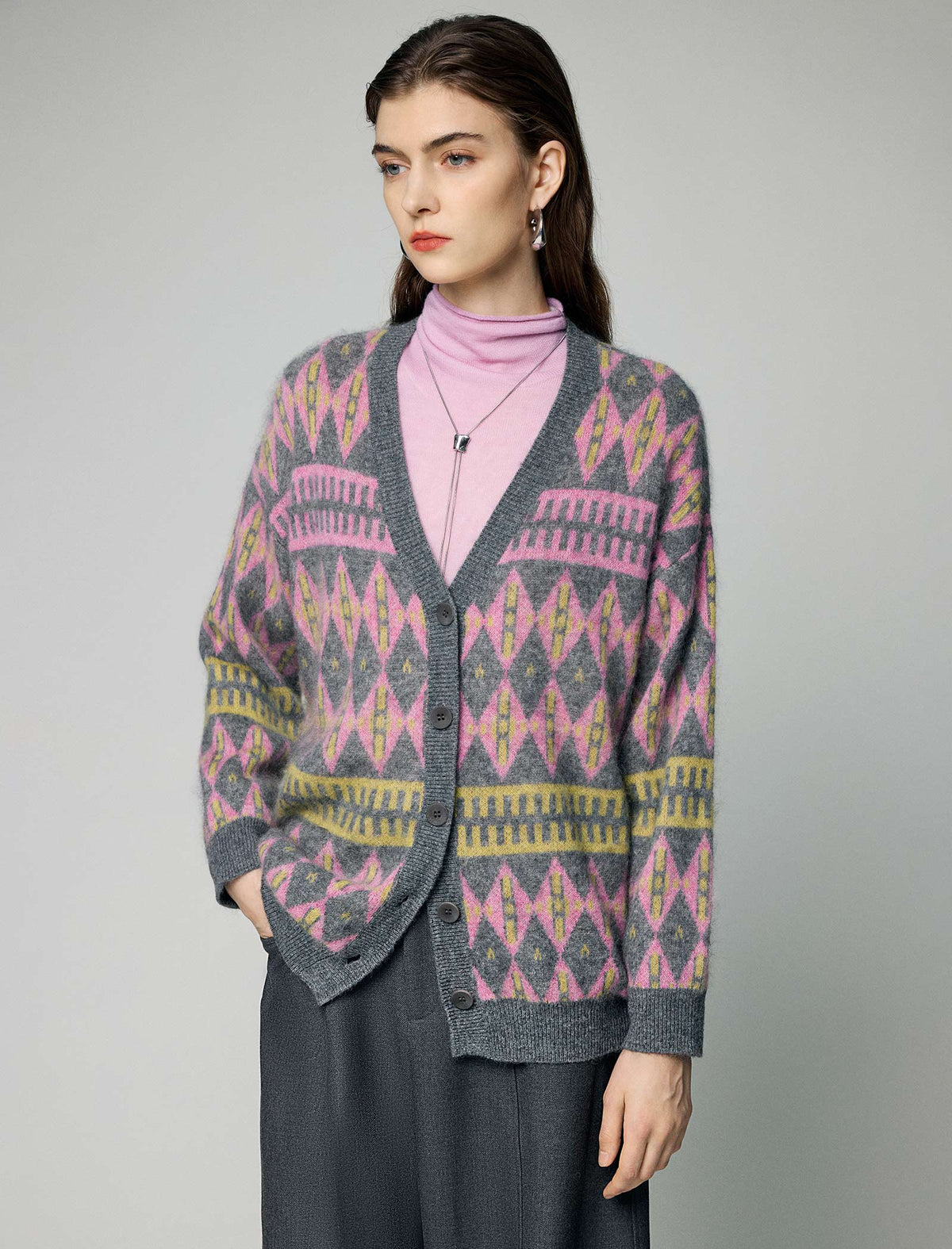Wool and Mulberry Silk Blend Geometric V-Neck Button-Front Cardigan