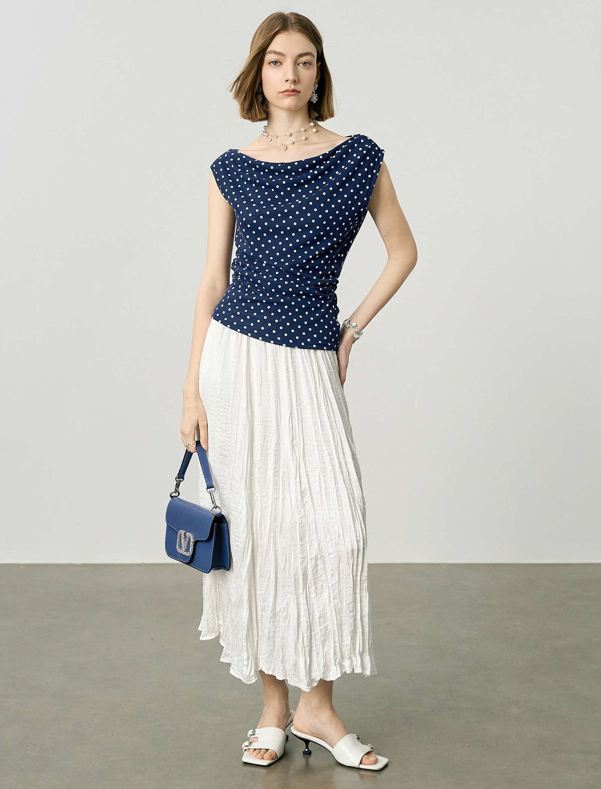 Navy Blue Polka Dot Cowl Neck Knit Top