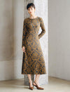 Pearl Beaded Crewneck Side Gathering Baroque Floral Knit Dress