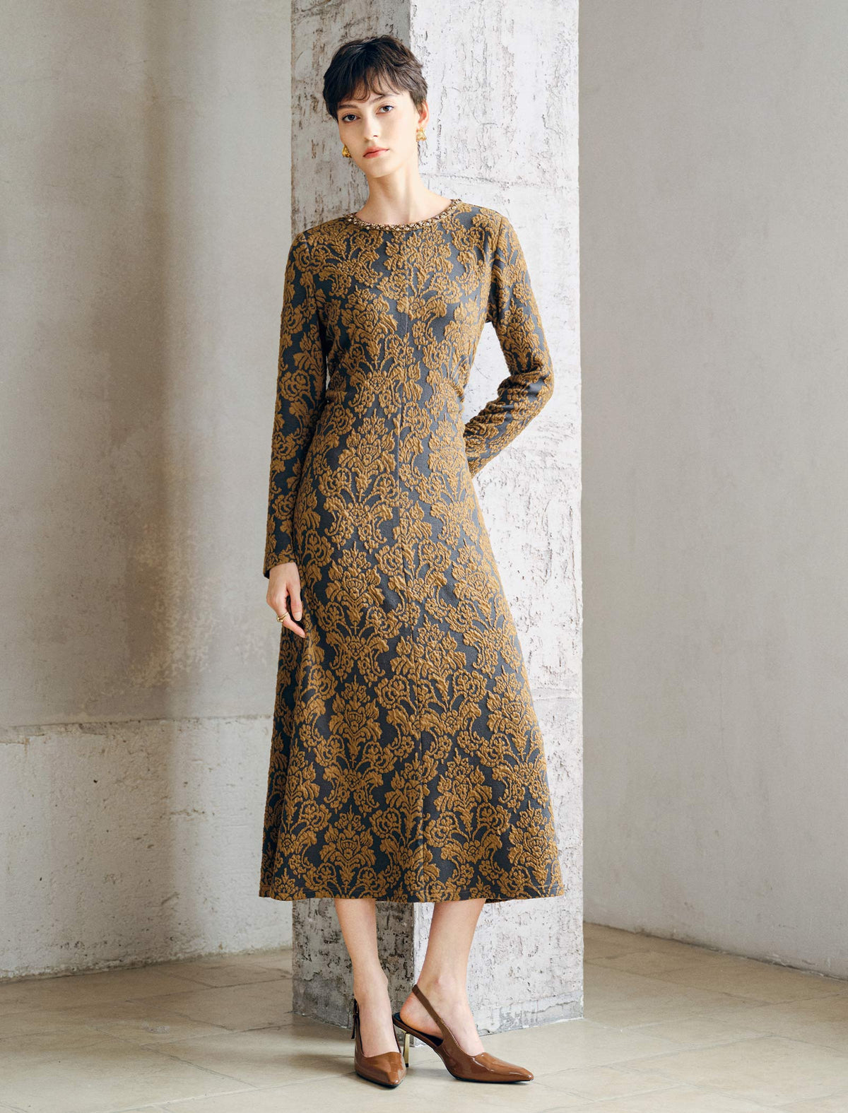 Pearl Beaded Crewneck Side Gathering Baroque Floral Knit Dress