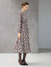 Paisley Print Stand-Collar Ruched-Waist Long Sleeve Midi Dress