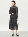 Black Speckled Print Ruffle Neck Long Sleeve Tiered Midi Dress
