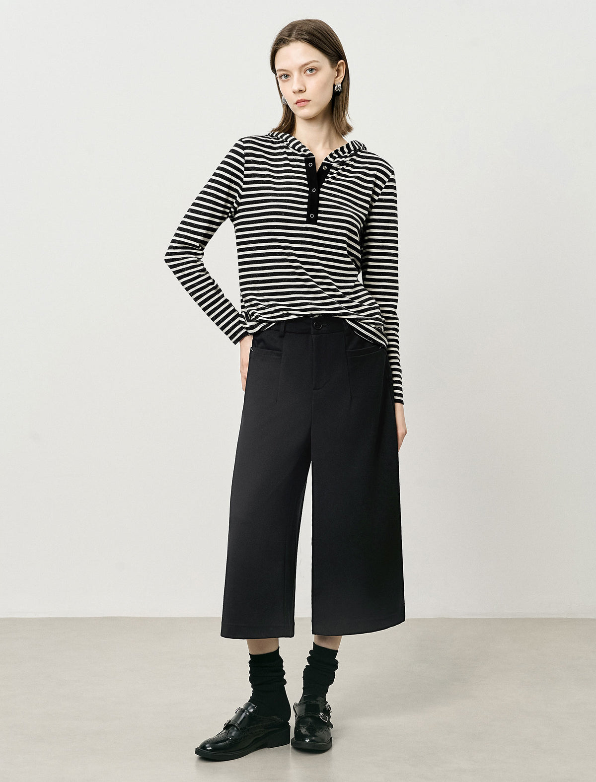 Stripe Long-Sleeve Hooded Henley Top