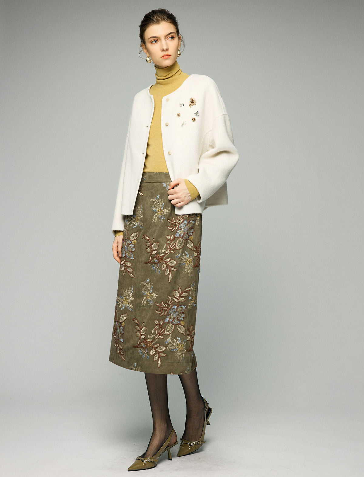 Floral Print Pocket Straight-Fit Midi Skirt