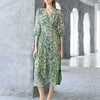 Abstract Print V-Neck Pleated Midi Dress - Green Flowers