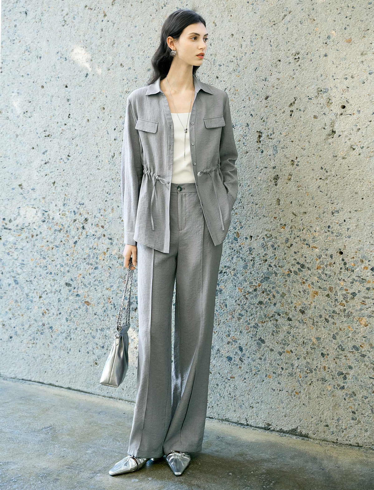 Grey Textured Drawstring Waist Tencel Shirt