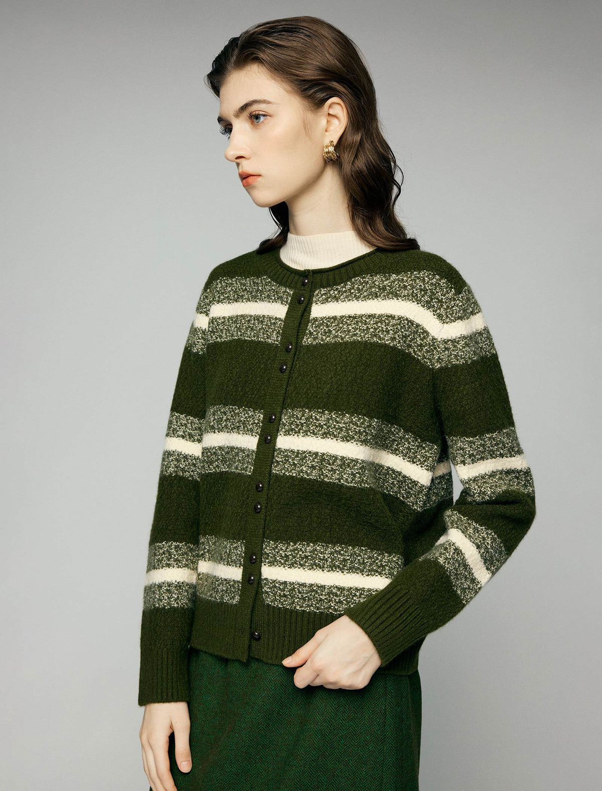 Striped Crewneck Drop-Shoulder Button-Front Cardigan