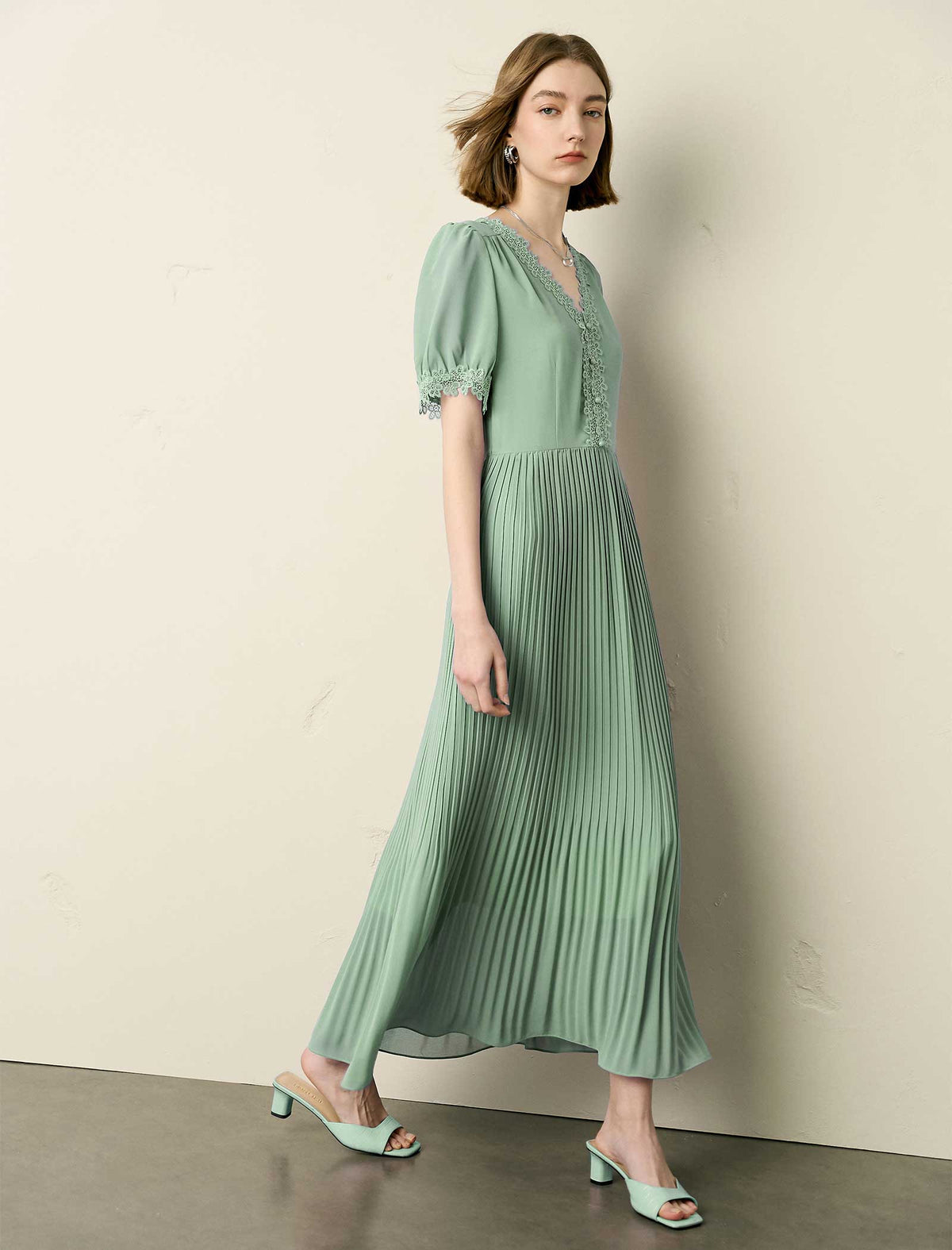 Pleated Lace-Trim Maxi Dress