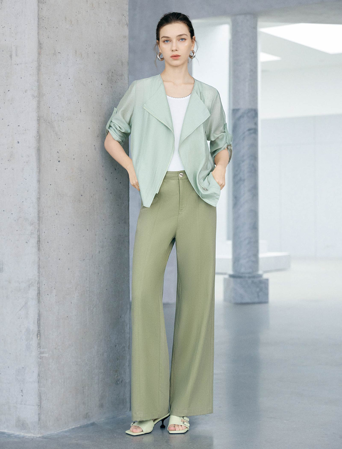 Sage Green Seam Detail High Waist Wide Leg Pants