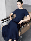 Navy Solid Pleated Midi Skirt