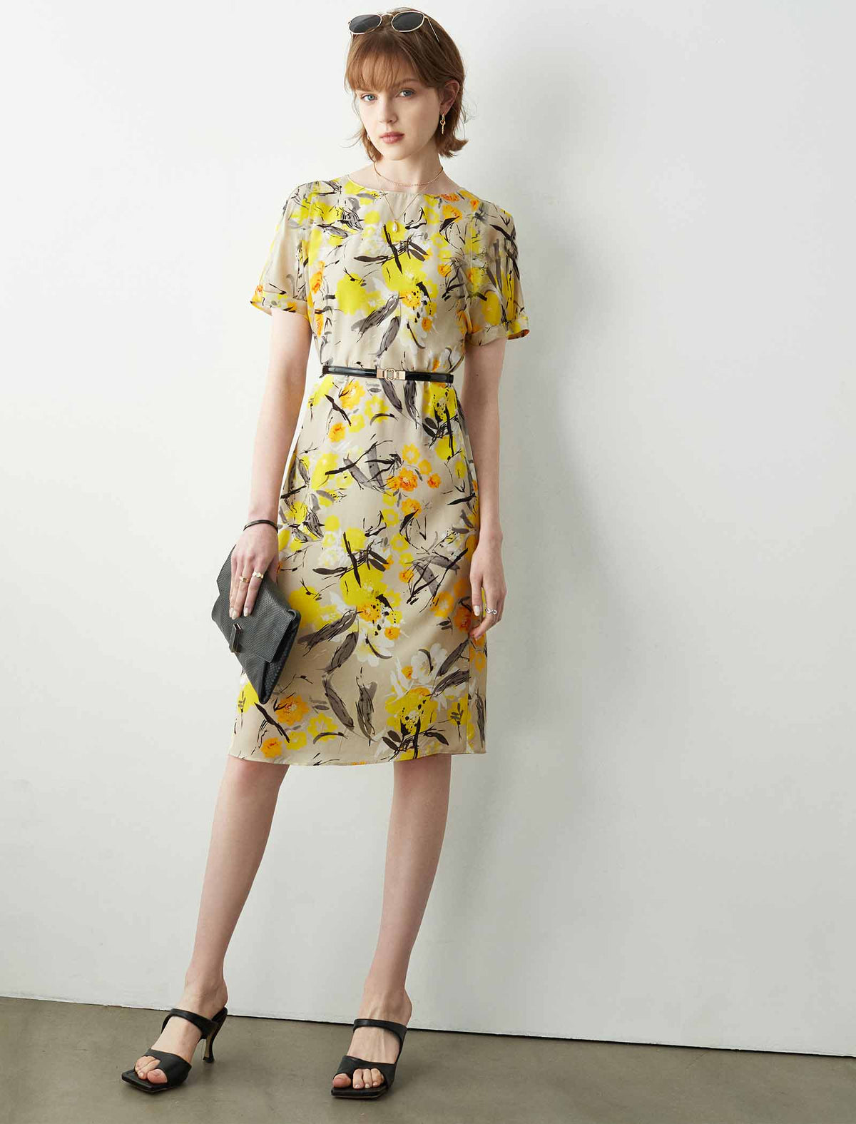 Yellow Floral 100% Mulberry Silk Belted Midi Dress