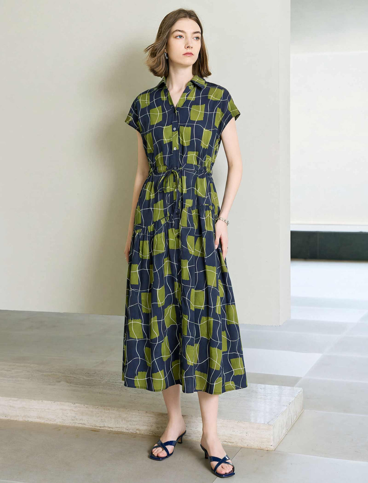 Olive Geometric Print Shirt Midi Dress