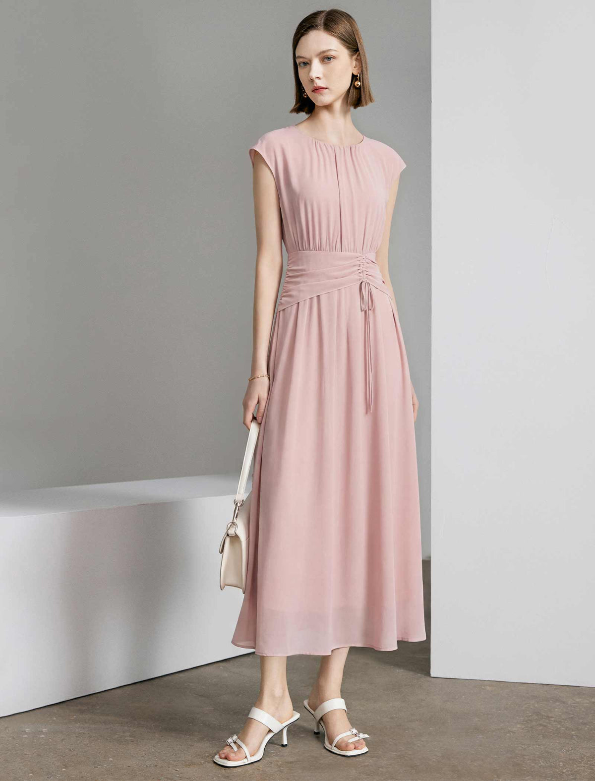 Dusty Pink Ruched Waist Midi Dress