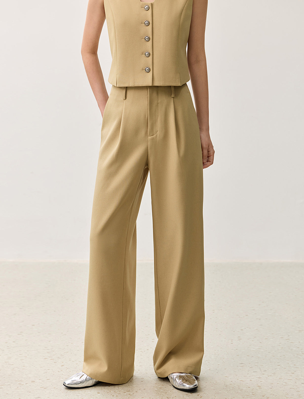 Linen Blend Wide-Leg Tailored Pants