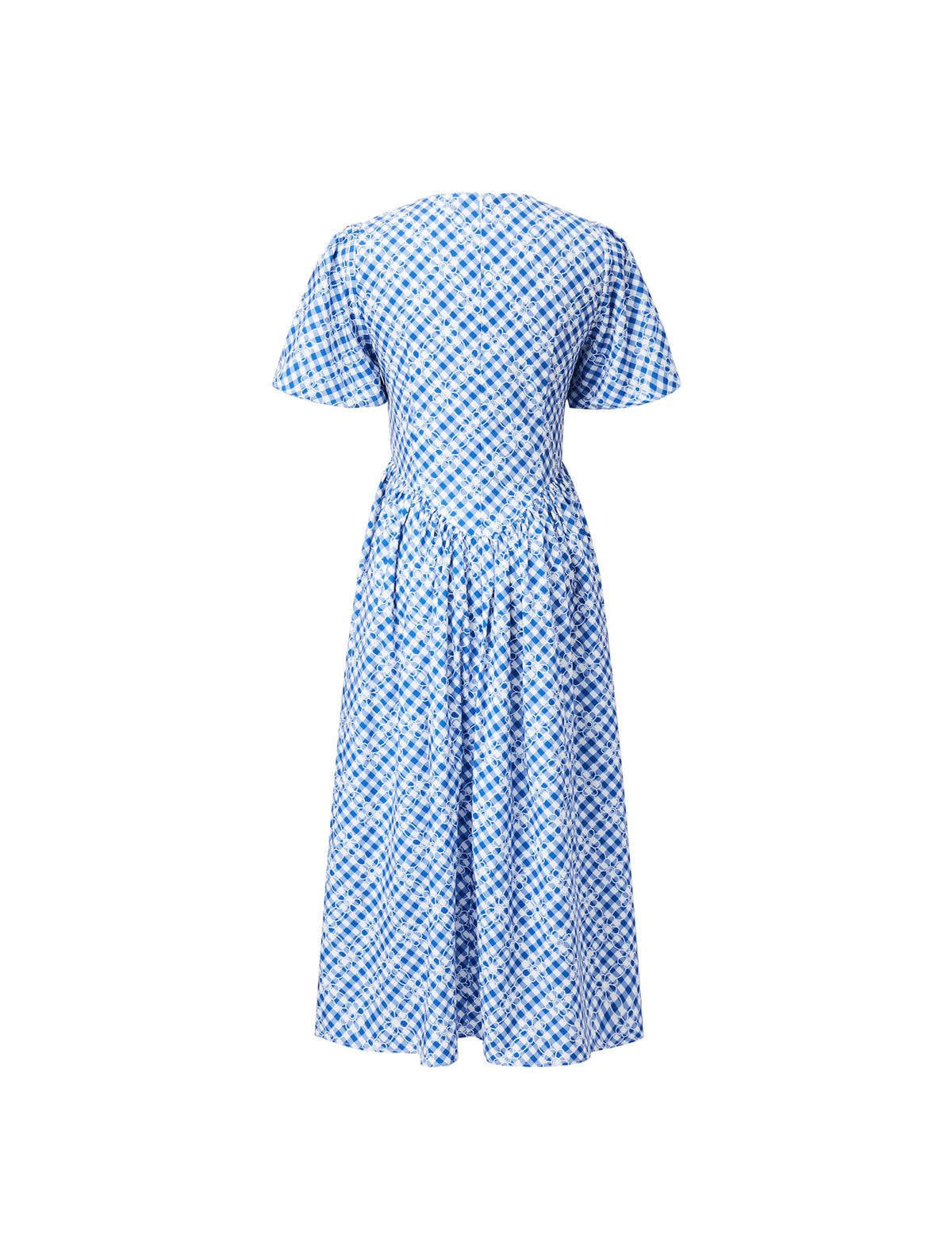Gingham Print Puff-Sleeve Pleated Midi Dress
