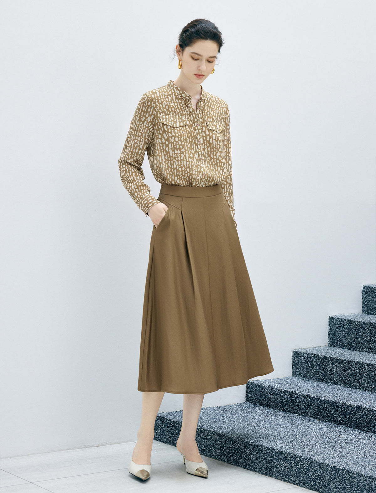 Pleated High Waist A-Line Midi Skirt
