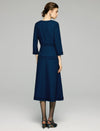 Sculpted Navy Texture Fringe Trim Midi Dress