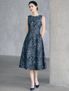 Textured Floral Sleeveless Beaded-Neckline A-Line Midi Dress