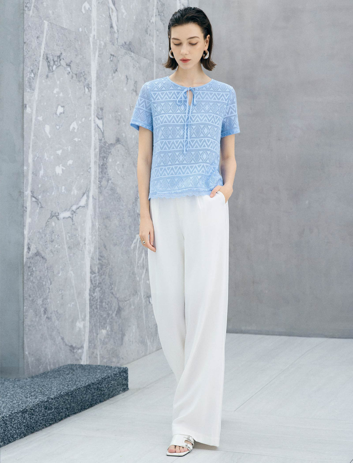 Geometric Lace Knit Tie-Neck Short Sleeve Top