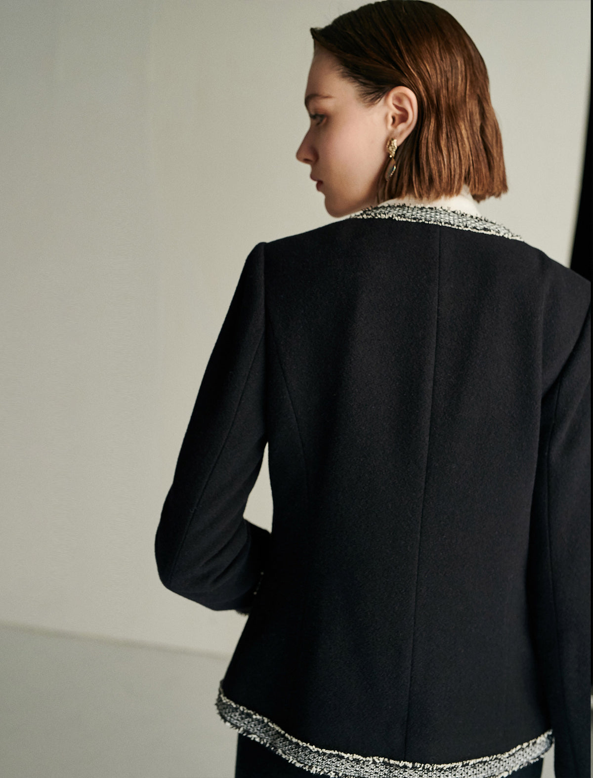 Wool Blend Braided-Trim Hook-Front Fitted Jacket