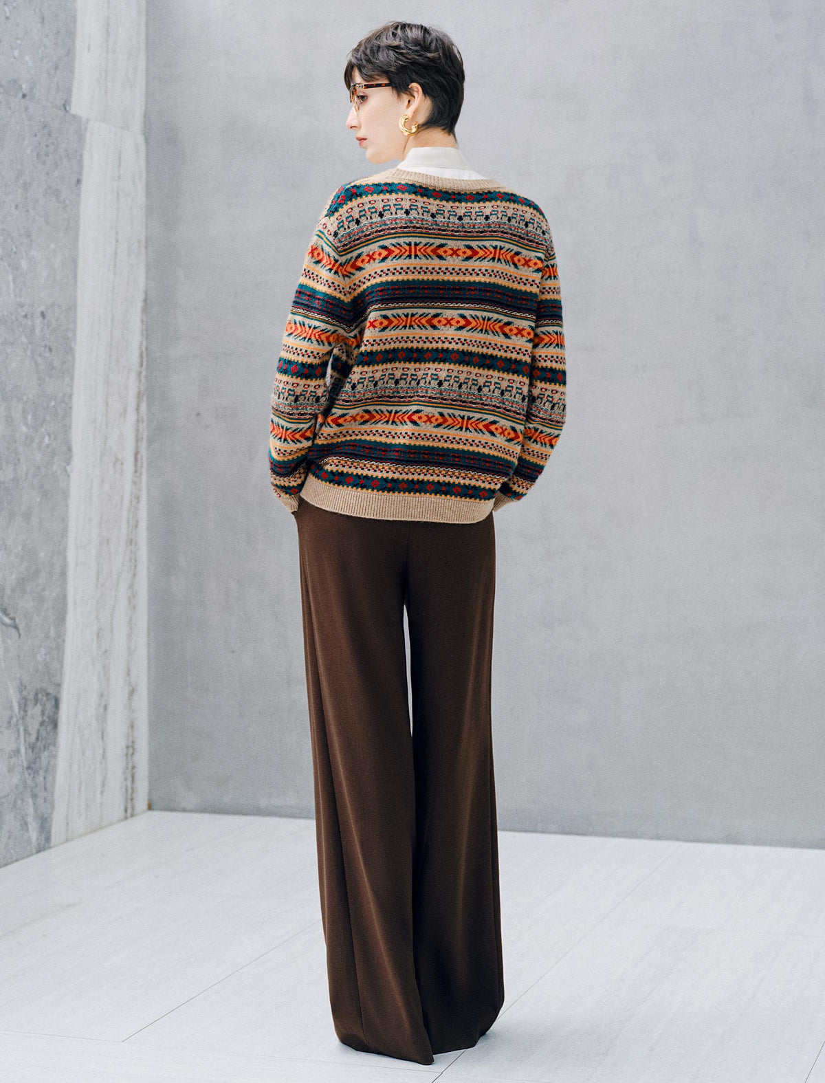 Wool Blend Fair Isle Patterned V Neck Knit Cardigan