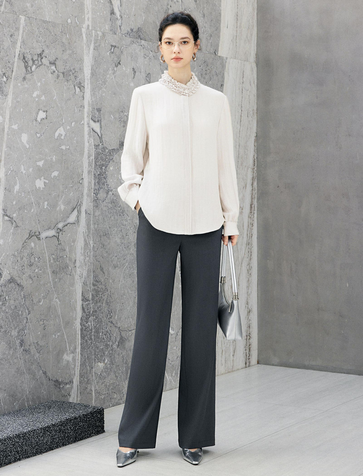 Ruffled Mock Neck Textured Blouse