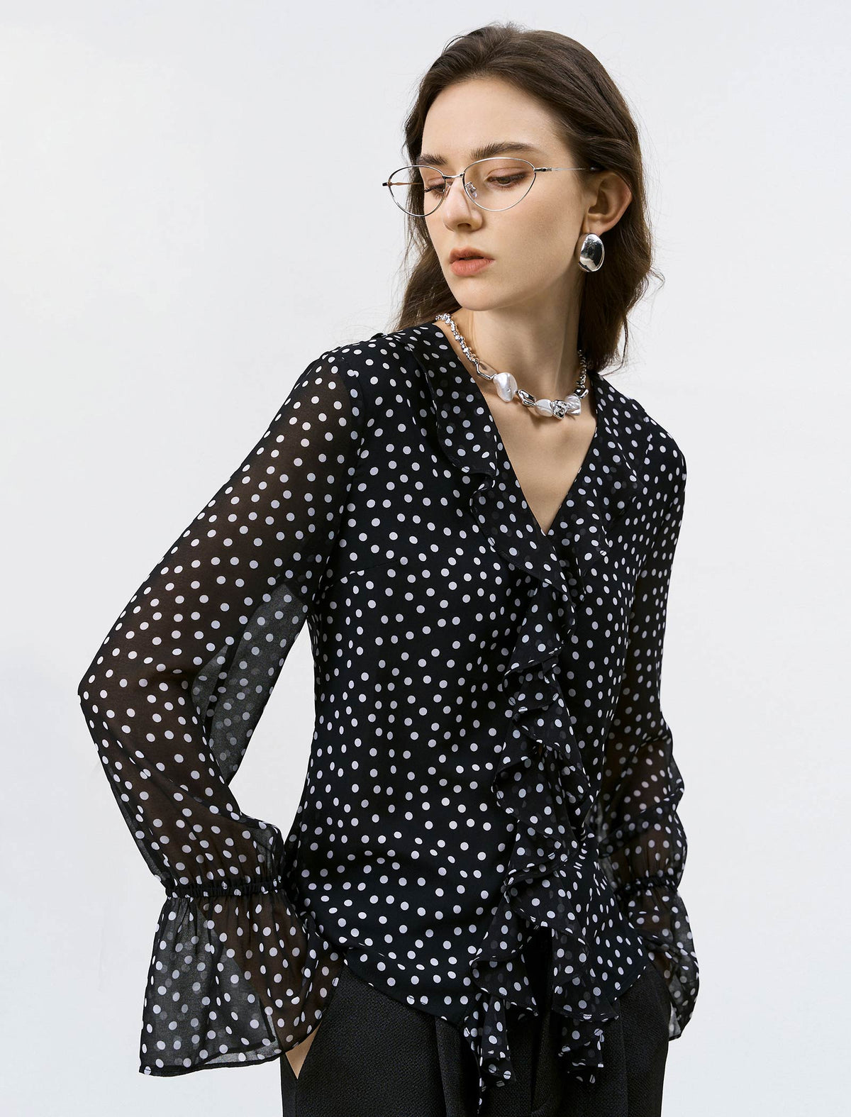 Black Polka Dot Ruffled Chiffon Blouse