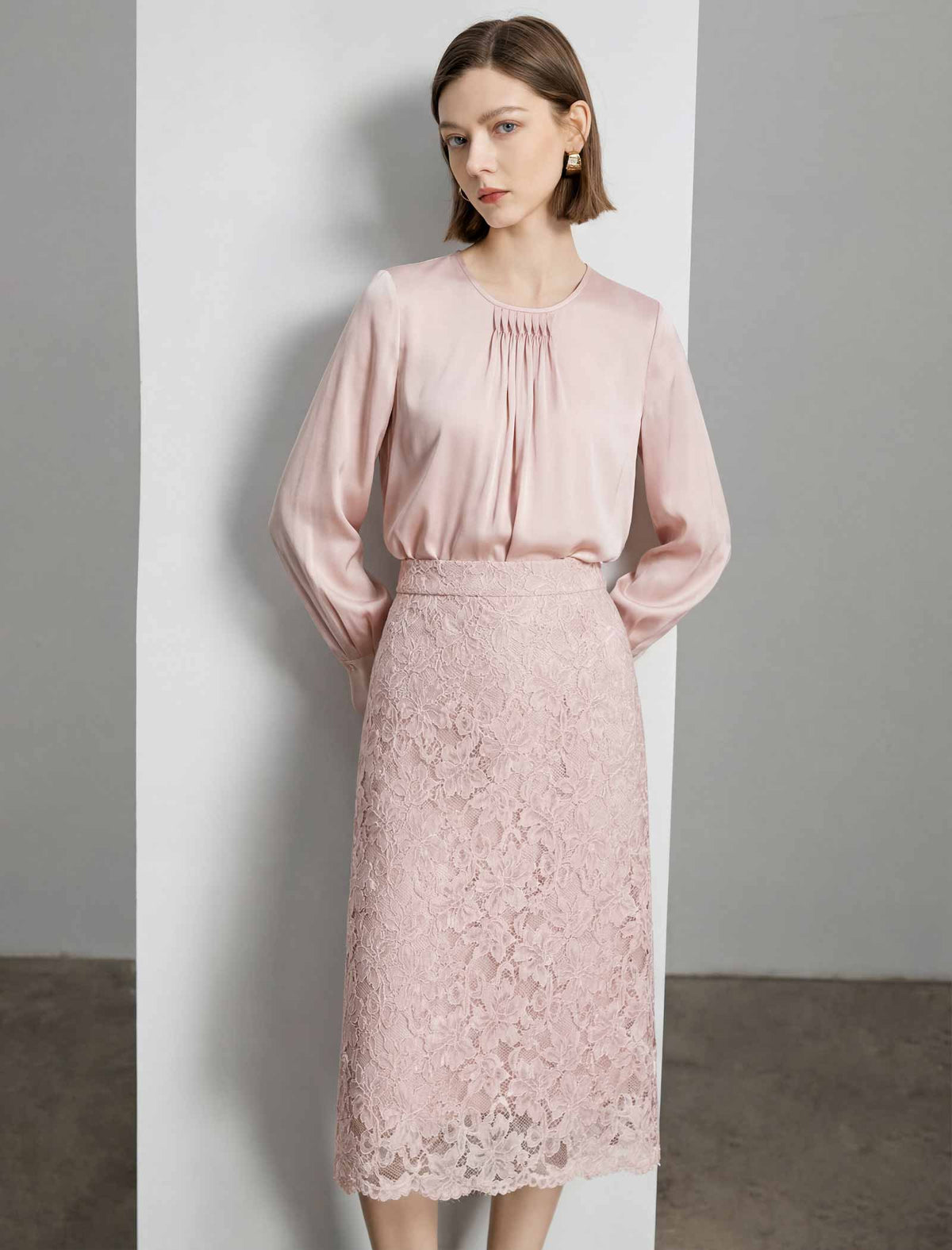 Round‑Neck Pleated Satin‑Finish Blouse