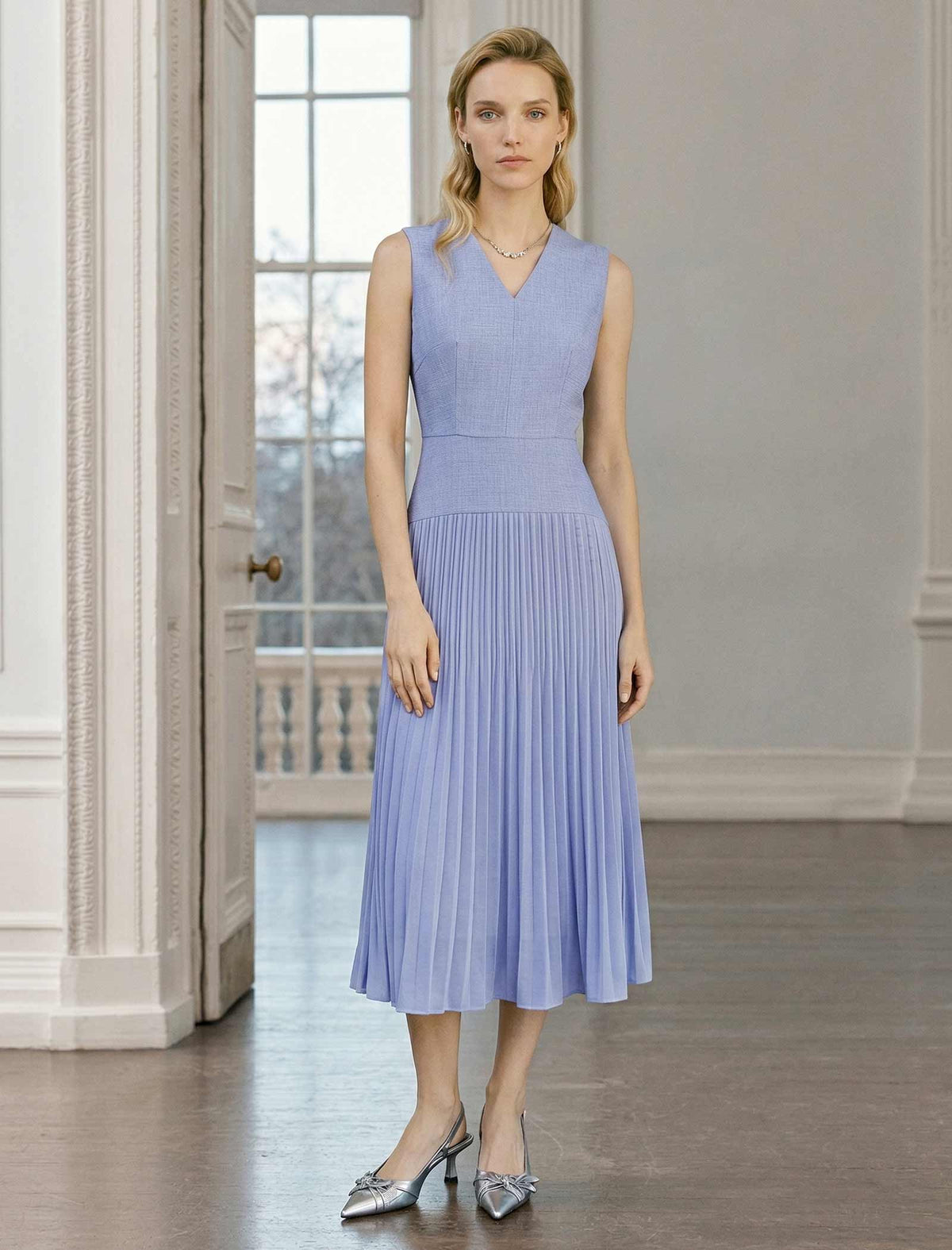 V-Neck Pleated Midi Dress