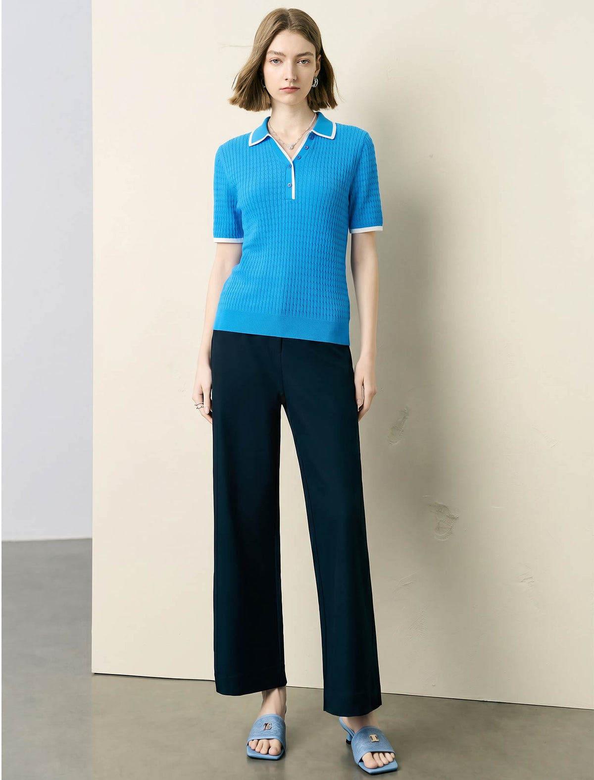 Contrast Trim Textured Knit Polo Short Sleeve Top