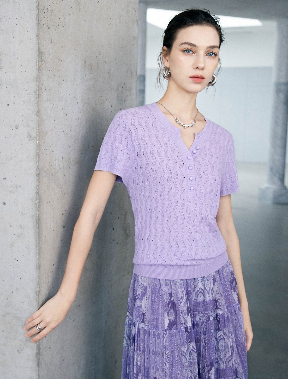 Tailored Open-Collar Knit Top