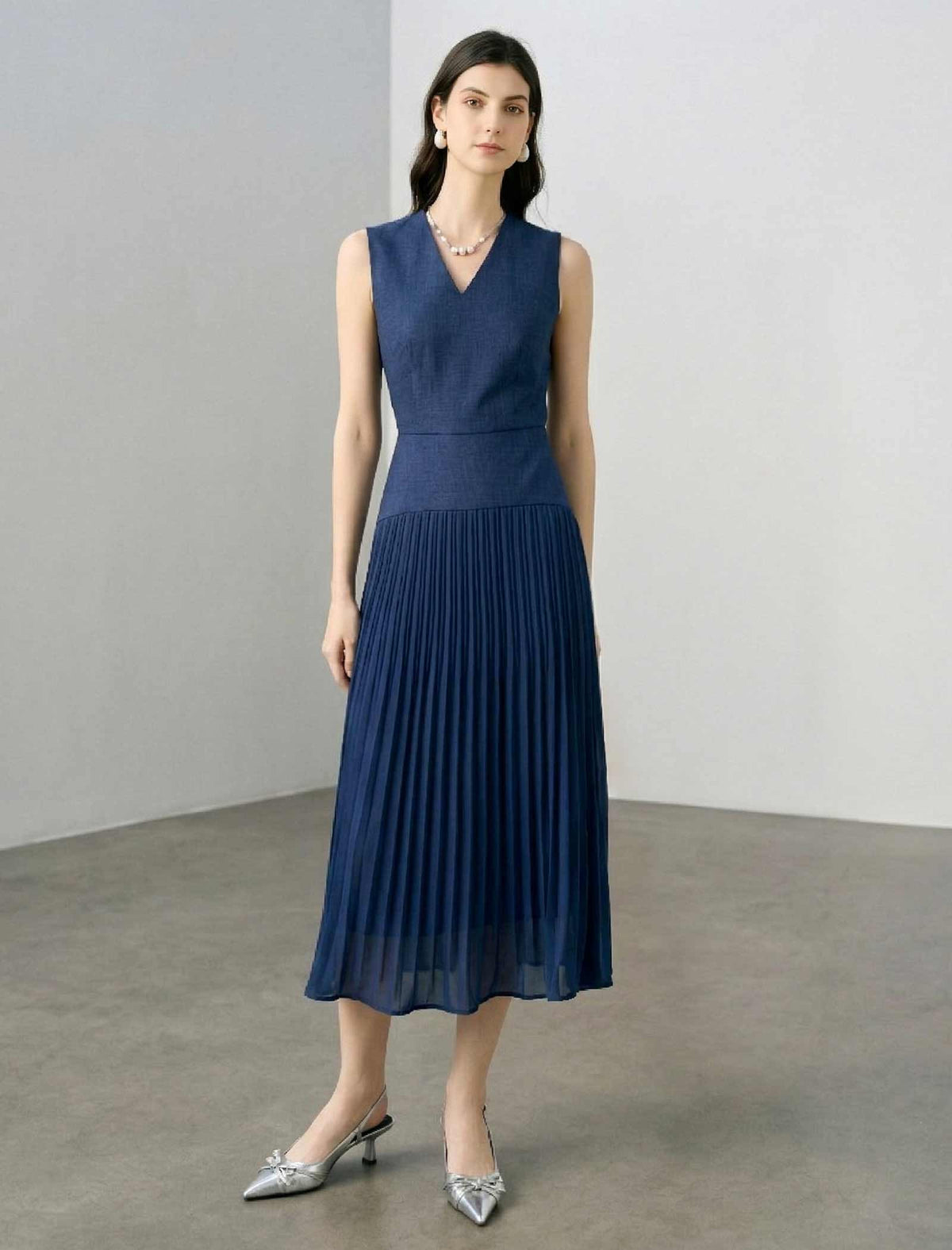V-Neck Pleated Midi Dress