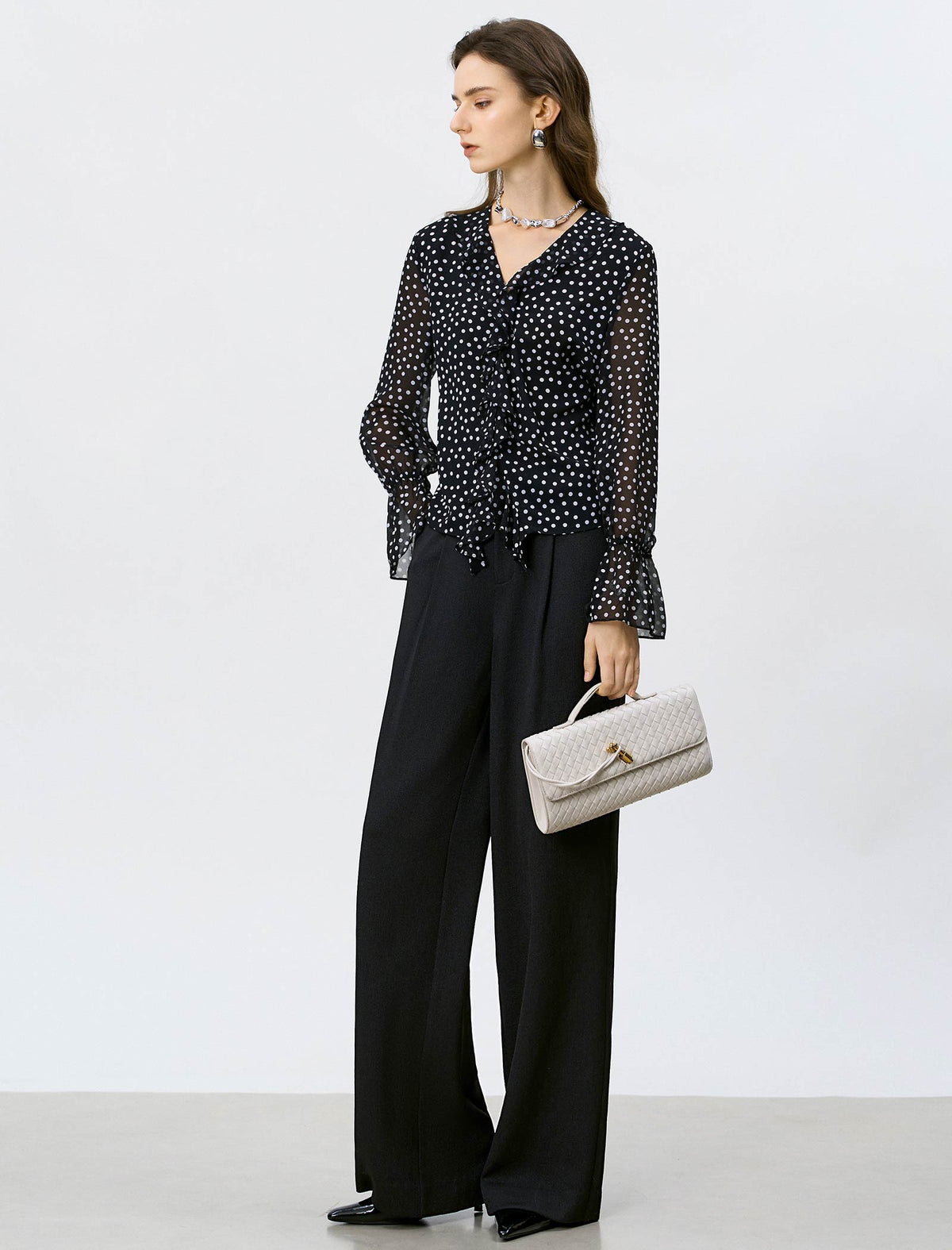Black Polka Dot Ruffled Chiffon Blouse