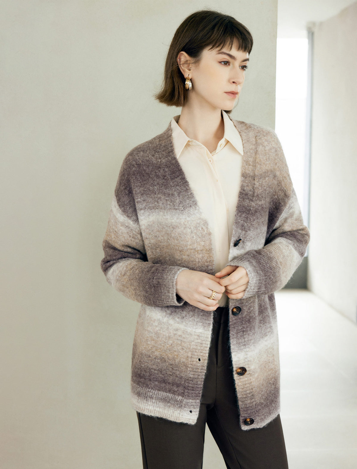 Wool Blend Gradient Stripe Open-Front Cardigan
