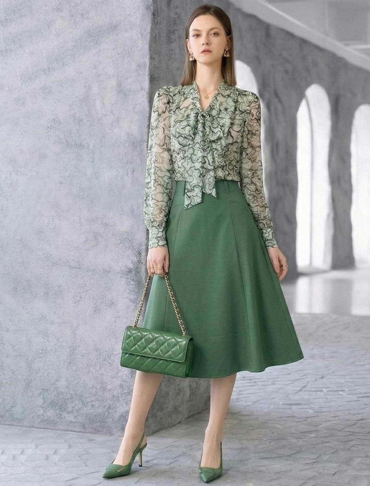 Sheer Abstract Print Bow Neck Blouse