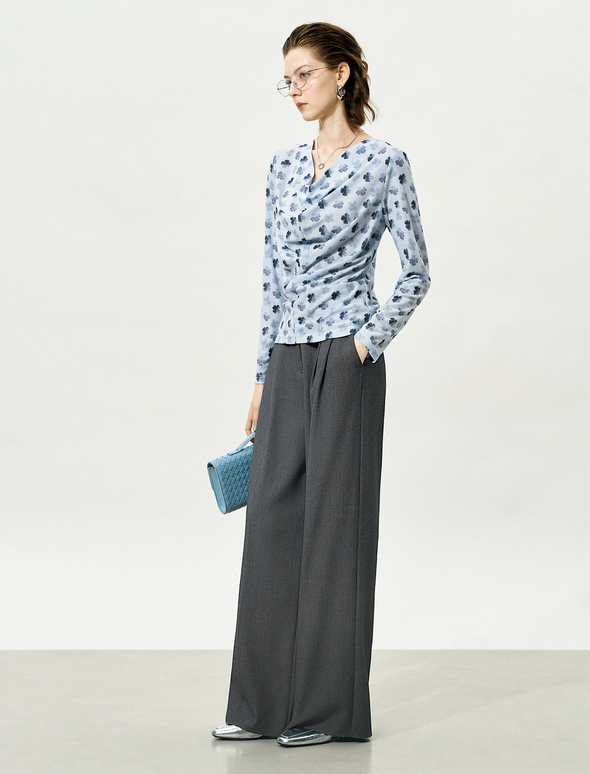 Floral Print Long-Sleeve Cowl-Neck Ruched Top