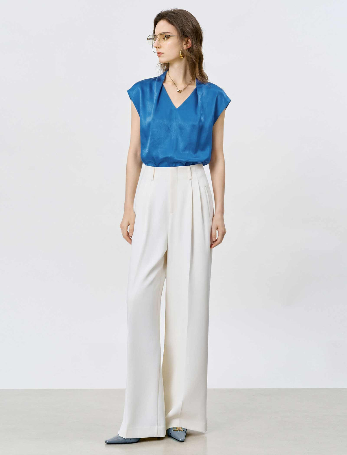 Acetate Satin V-Neck Cap Sleeve Blouse