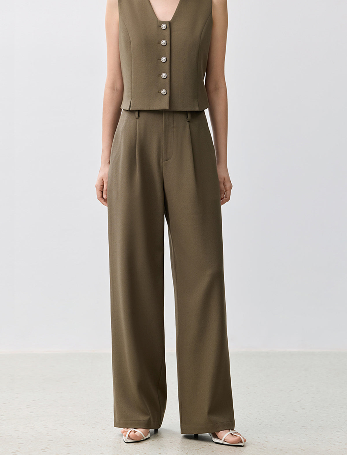 Linen Blend Wide-Leg Tailored Pants